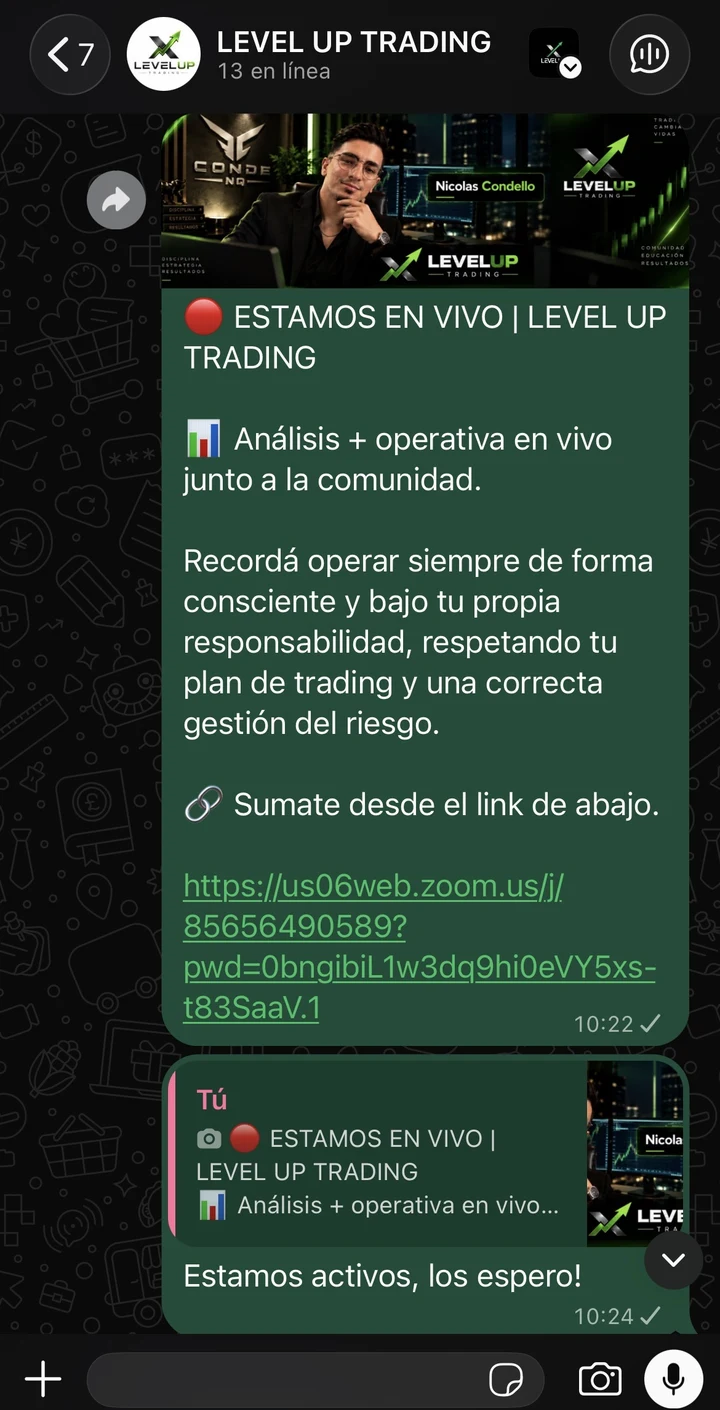 Captura real del grupo de WhatsApp Level Up Trading